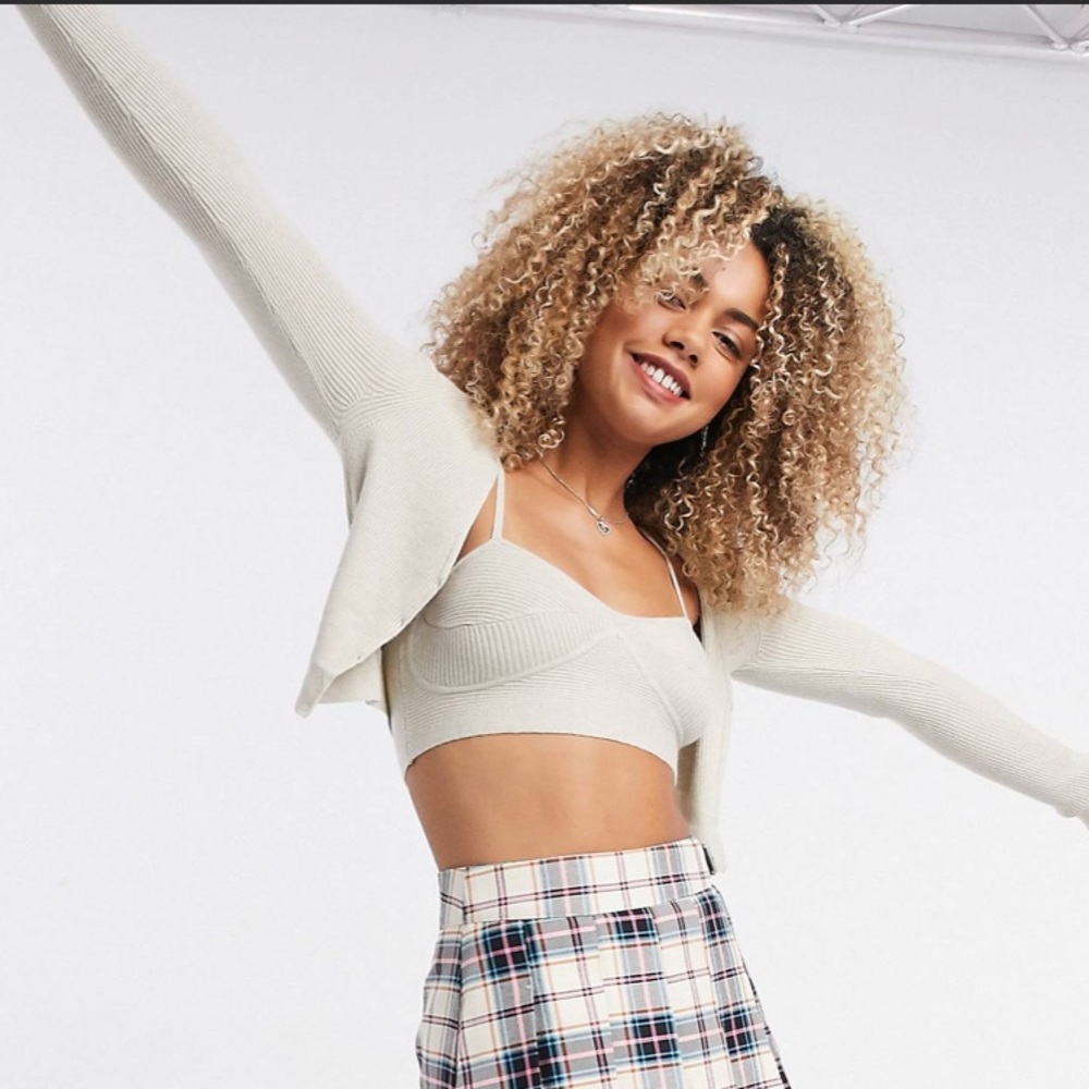 Bershka knitted cardigan + cami set in taupe